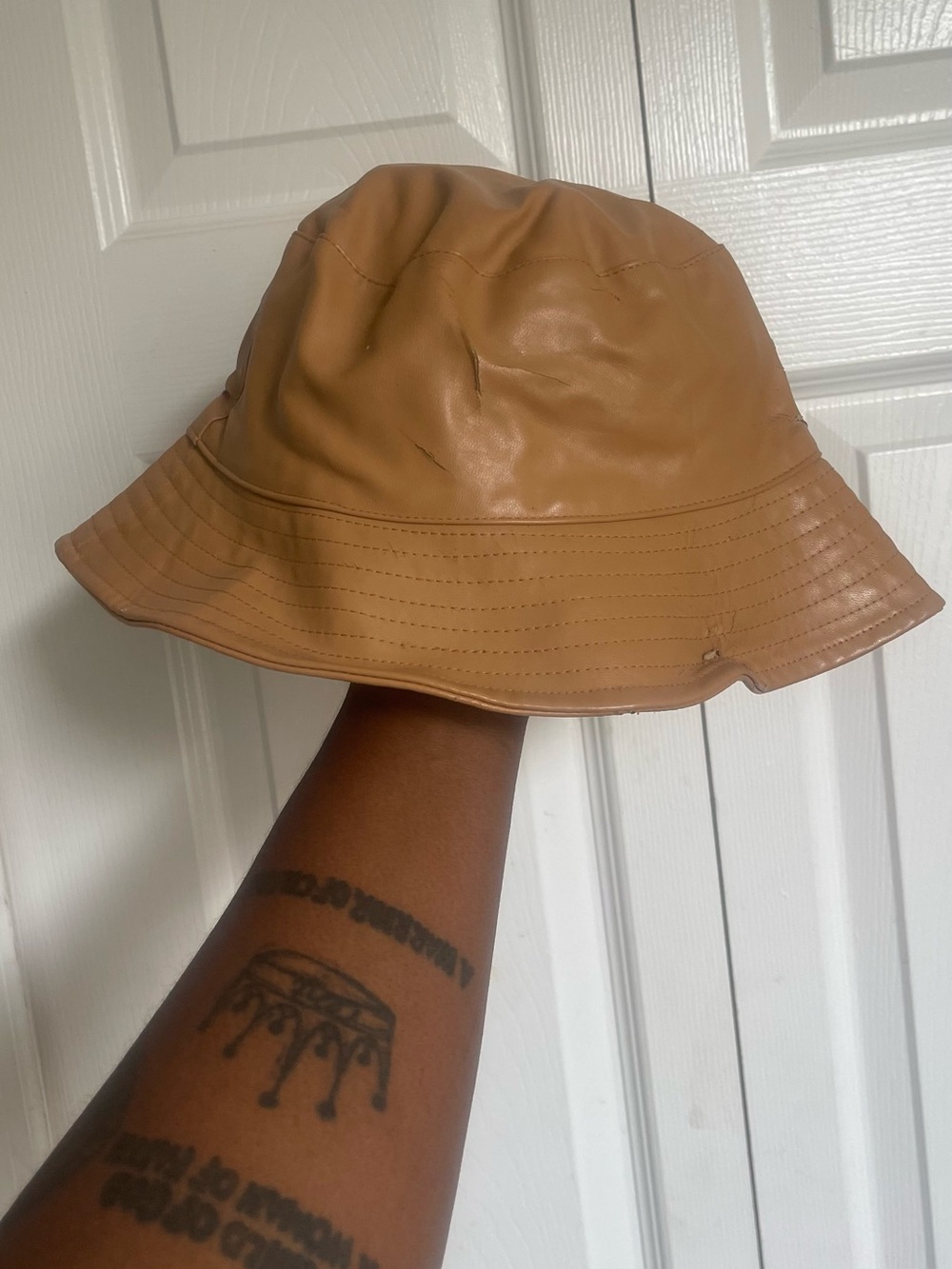 Classic Women's Faux Leather Bucket Hat in Tan